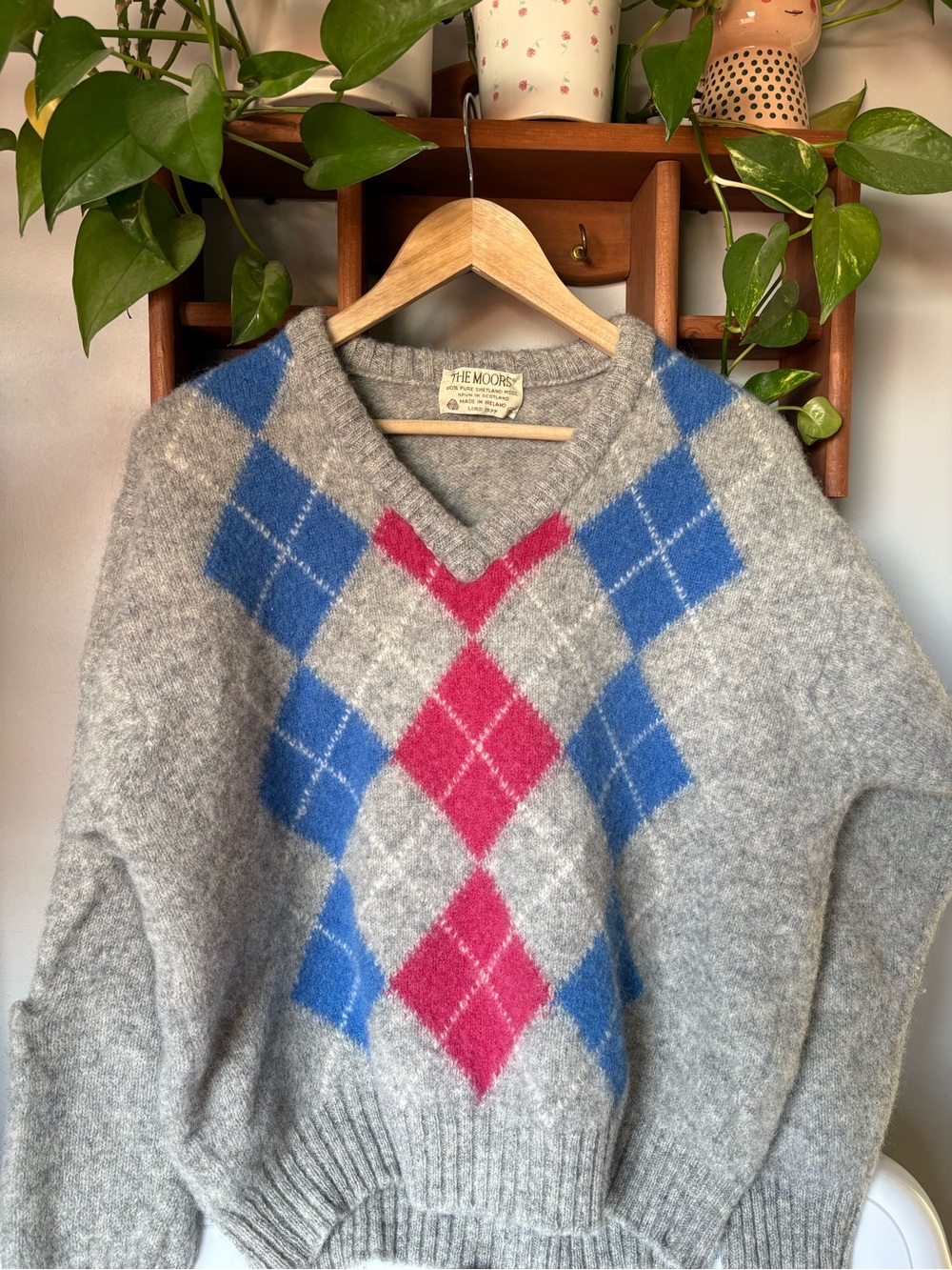 Gray V-Neck Argyle Sweater with Blue & Pink Diamonds
